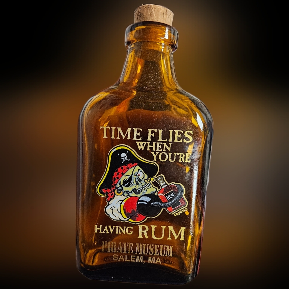 NWT GLASS PIRATE FLASK w/CORK: TIME FLIES WHEN YOU'RE HAVING RUM SALEM, MA!